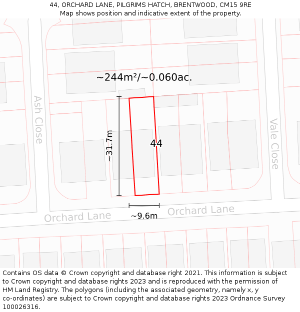 44, ORCHARD LANE, PILGRIMS HATCH, BRENTWOOD, CM15 9RE: Plot and title map