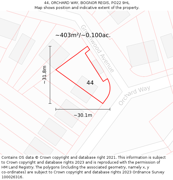 44, ORCHARD WAY, BOGNOR REGIS, PO22 9HL: Plot and title map