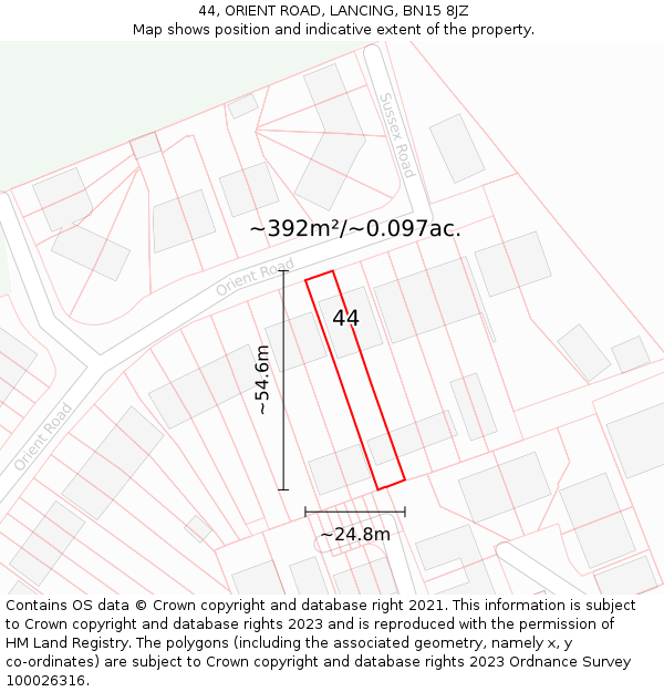 44, ORIENT ROAD, LANCING, BN15 8JZ: Plot and title map