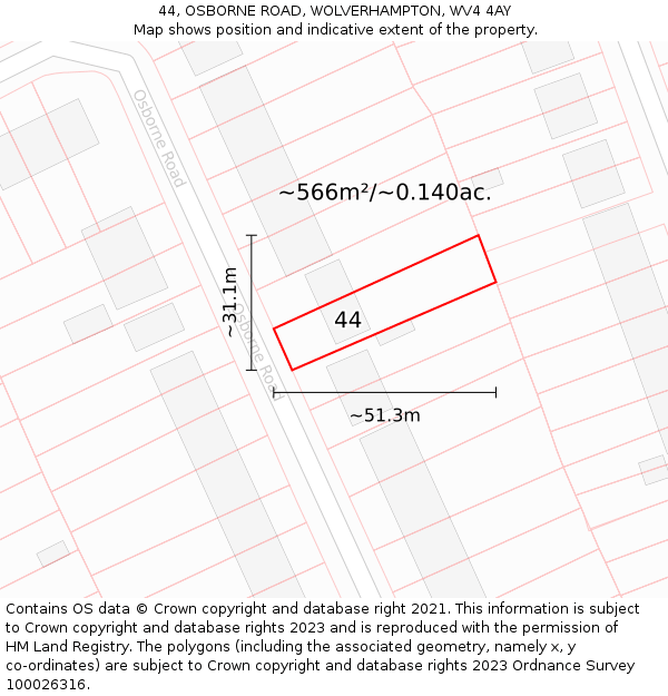 44, OSBORNE ROAD, WOLVERHAMPTON, WV4 4AY: Plot and title map