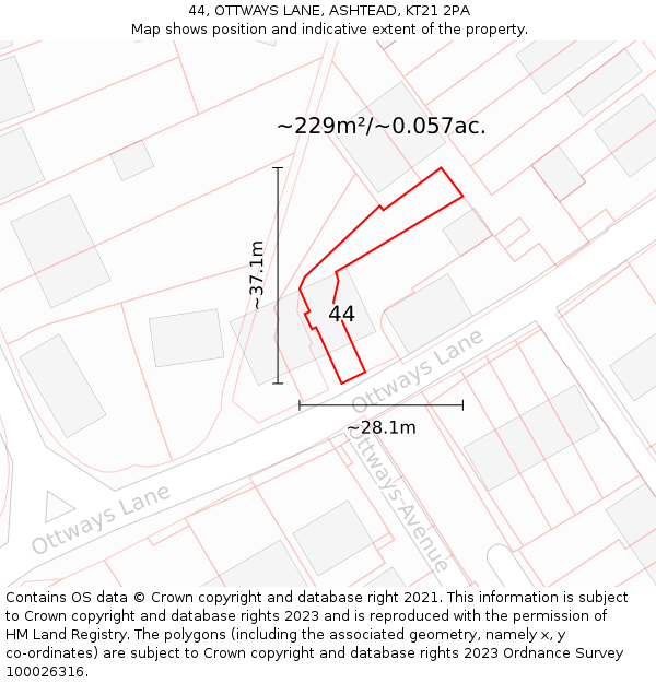 44, OTTWAYS LANE, ASHTEAD, KT21 2PA: Plot and title map