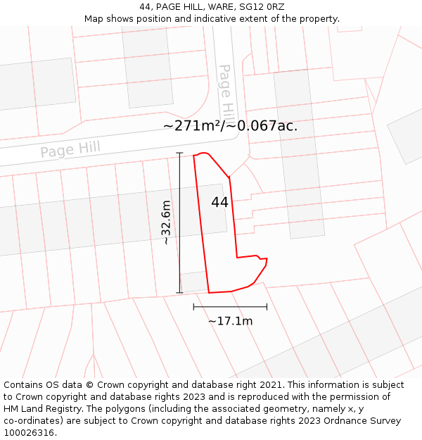 44, PAGE HILL, WARE, SG12 0RZ: Plot and title map