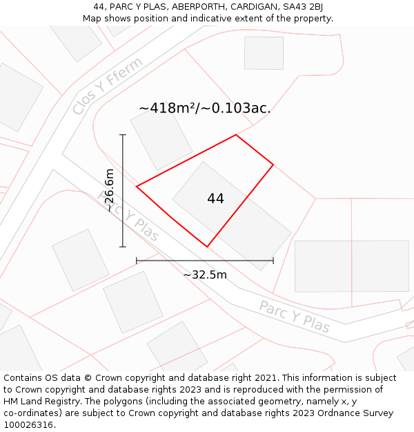 44, PARC Y PLAS, ABERPORTH, CARDIGAN, SA43 2BJ: Plot and title map