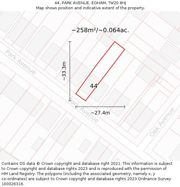 44, PARK AVENUE, EGHAM, TW20 8HJ: Plot and title map