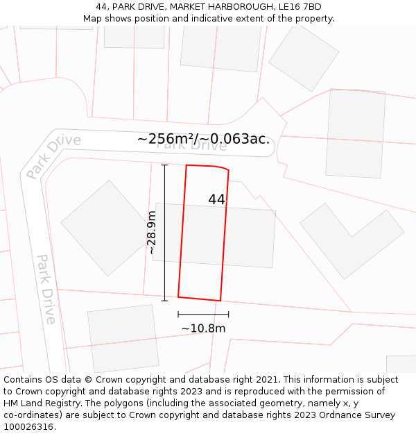 44, PARK DRIVE, MARKET HARBOROUGH, LE16 7BD: Plot and title map