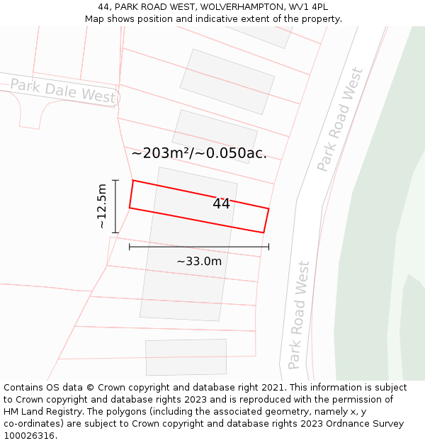 44, PARK ROAD WEST, WOLVERHAMPTON, WV1 4PL: Plot and title map
