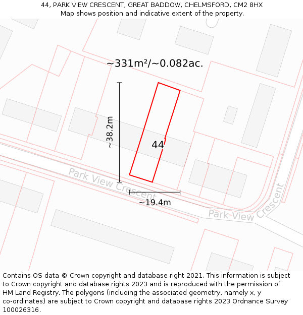 44, PARK VIEW CRESCENT, GREAT BADDOW, CHELMSFORD, CM2 8HX: Plot and title map