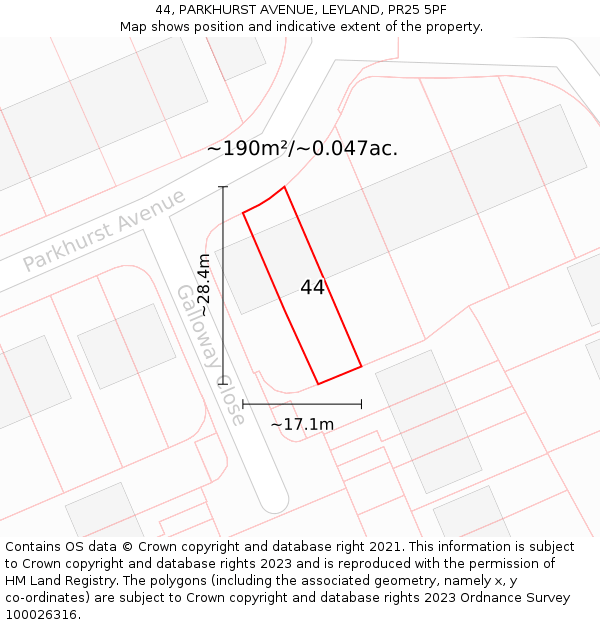 44, PARKHURST AVENUE, LEYLAND, PR25 5PF: Plot and title map