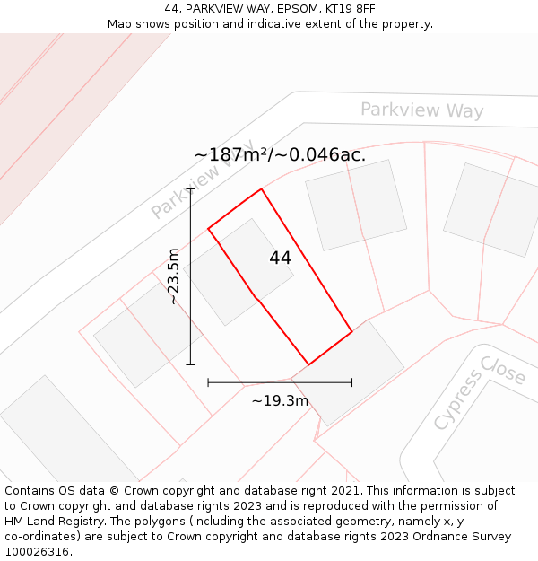 44, PARKVIEW WAY, EPSOM, KT19 8FF: Plot and title map
