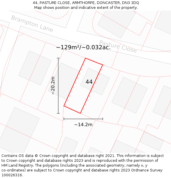 44, PASTURE CLOSE, ARMTHORPE, DONCASTER, DN3 3DQ: Plot and title map