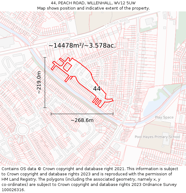 44, PEACH ROAD, WILLENHALL, WV12 5UW: Plot and title map