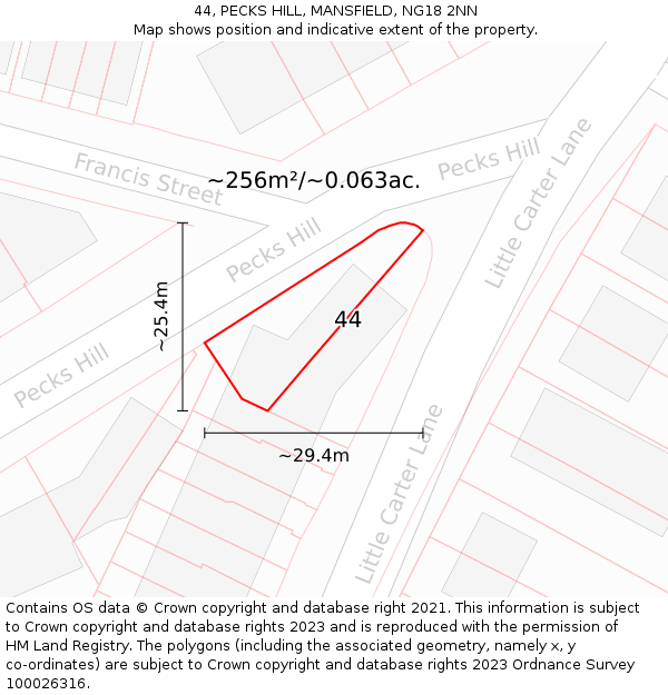 44, PECKS HILL, MANSFIELD, NG18 2NN: Plot and title map