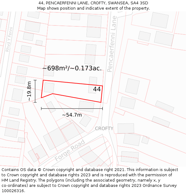 44, PENCAERFENNI LANE, CROFTY, SWANSEA, SA4 3SD: Plot and title map
