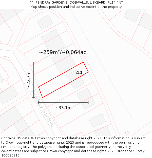 44, PENDRAY GARDENS, DOBWALLS, LISKEARD, PL14 4NT: Plot and title map