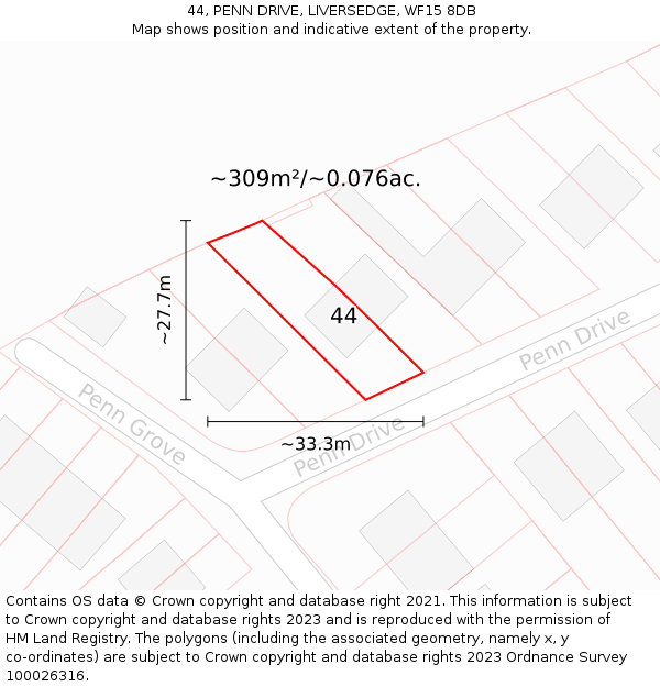 44, PENN DRIVE, LIVERSEDGE, WF15 8DB: Plot and title map