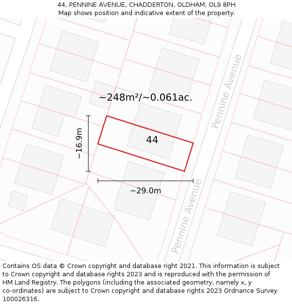 44, PENNINE AVENUE, CHADDERTON, OLDHAM, OL9 8PH: Plot and title map