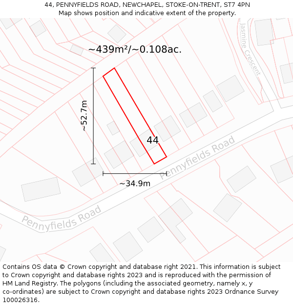 44, PENNYFIELDS ROAD, NEWCHAPEL, STOKE-ON-TRENT, ST7 4PN: Plot and title map