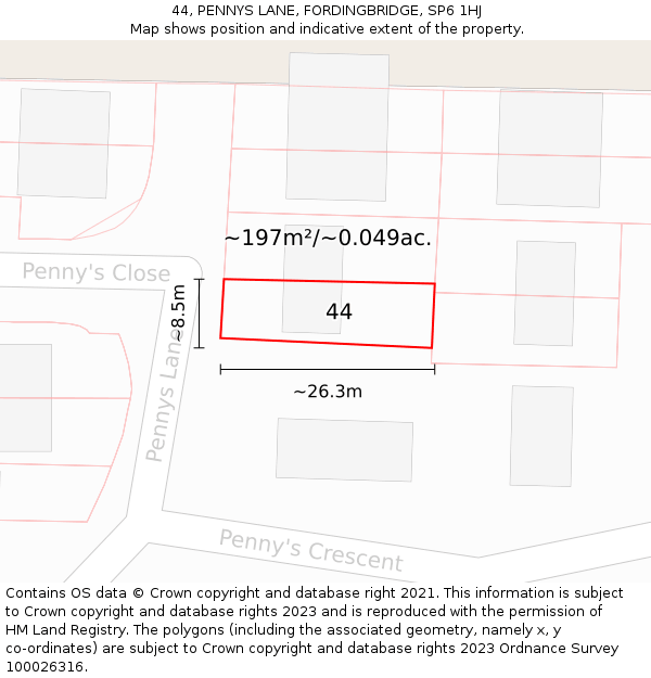 44, PENNYS LANE, FORDINGBRIDGE, SP6 1HJ: Plot and title map