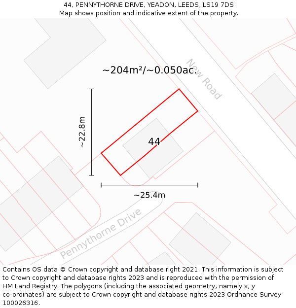 44, PENNYTHORNE DRIVE, YEADON, LEEDS, LS19 7DS: Plot and title map