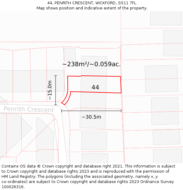 44, PENRITH CRESCENT, WICKFORD, SS11 7FL: Plot and title map