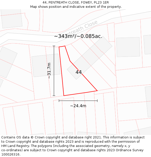 44, PENTREATH CLOSE, FOWEY, PL23 1ER: Plot and title map