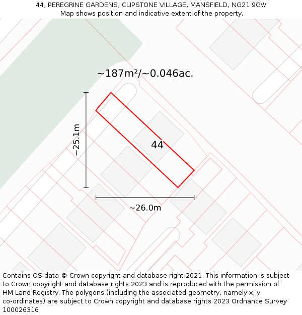44, PEREGRINE GARDENS, CLIPSTONE VILLAGE, MANSFIELD, NG21 9GW: Plot and title map