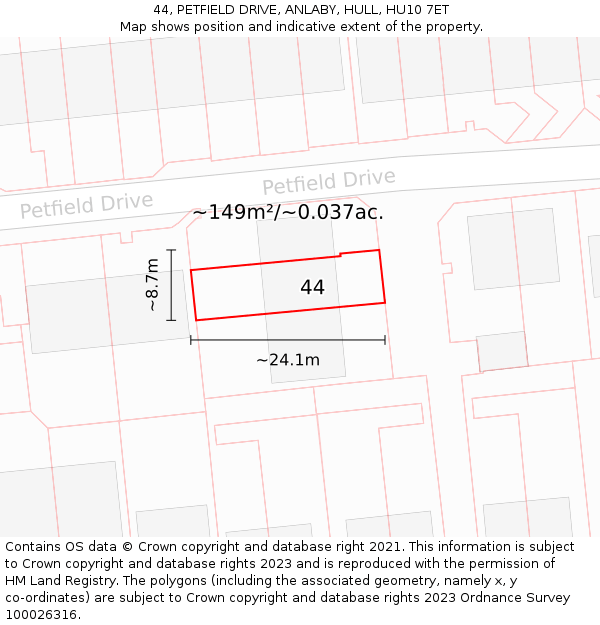 44, PETFIELD DRIVE, ANLABY, HULL, HU10 7ET: Plot and title map