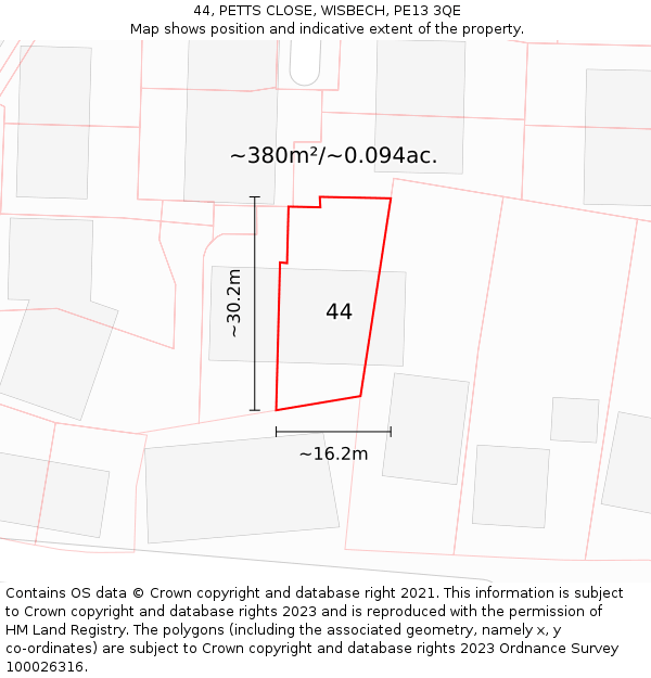 44, PETTS CLOSE, WISBECH, PE13 3QE: Plot and title map