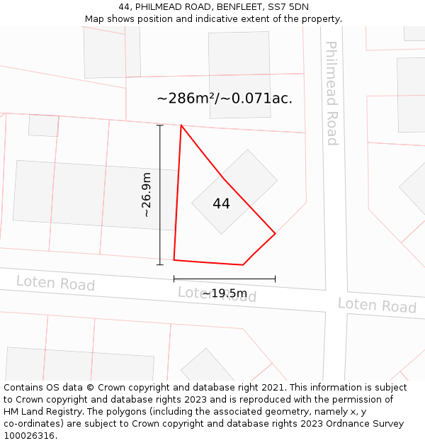 44, PHILMEAD ROAD, BENFLEET, SS7 5DN: Plot and title map