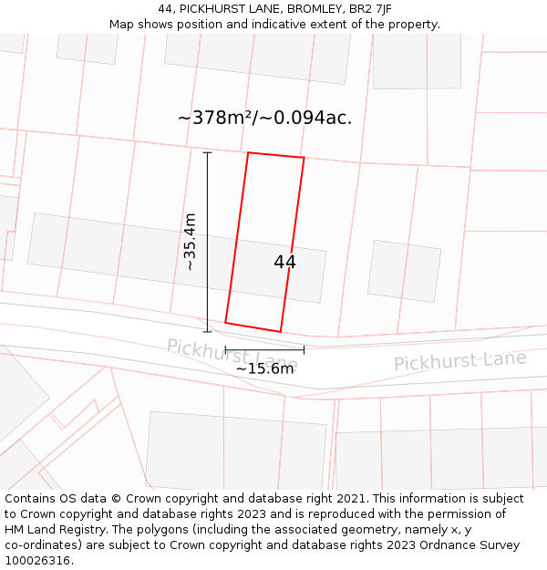 44, PICKHURST LANE, BROMLEY, BR2 7JF: Plot and title map