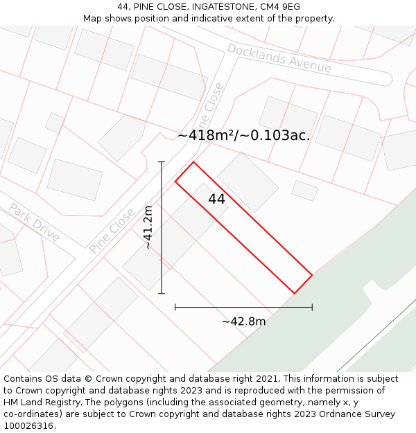 44, PINE CLOSE, INGATESTONE, CM4 9EG: Plot and title map