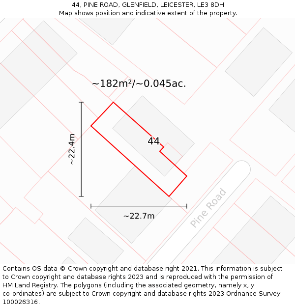 44, PINE ROAD, GLENFIELD, LEICESTER, LE3 8DH: Plot and title map
