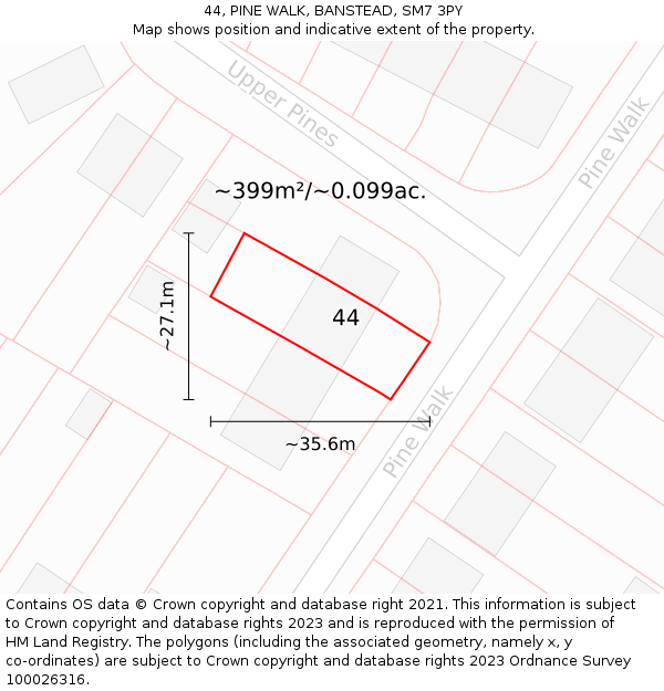 44, PINE WALK, BANSTEAD, SM7 3PY: Plot and title map