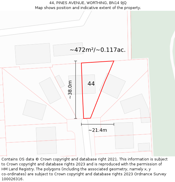 44, PINES AVENUE, WORTHING, BN14 9JQ: Plot and title map