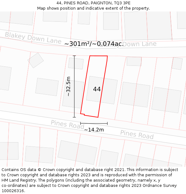 44, PINES ROAD, PAIGNTON, TQ3 3PE: Plot and title map
