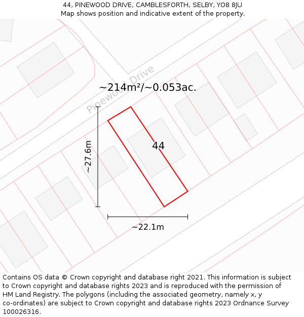 44, PINEWOOD DRIVE, CAMBLESFORTH, SELBY, YO8 8JU: Plot and title map