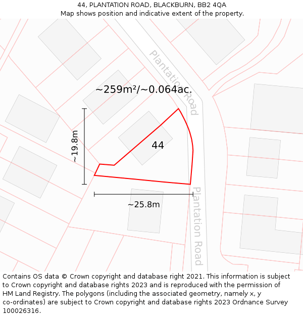 44, PLANTATION ROAD, BLACKBURN, BB2 4QA: Plot and title map