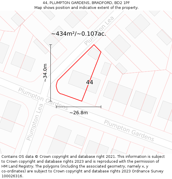 44, PLUMPTON GARDENS, BRADFORD, BD2 1PF: Plot and title map