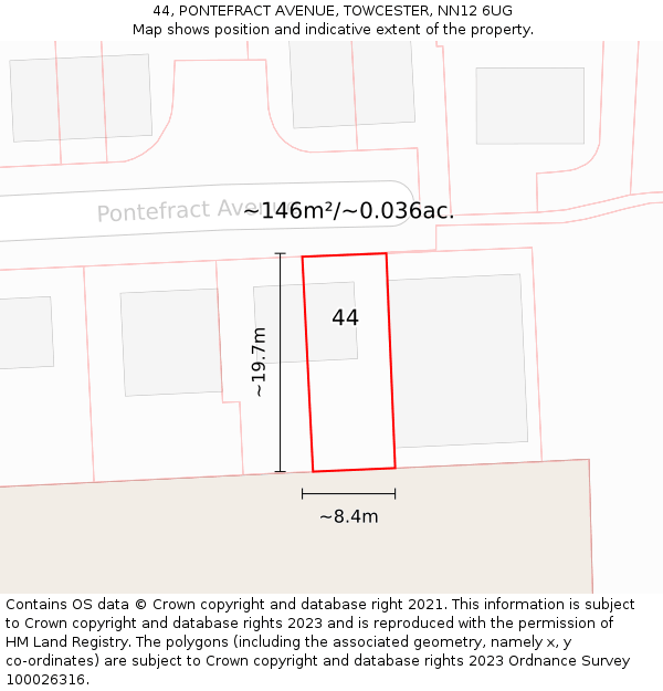 44, PONTEFRACT AVENUE, TOWCESTER, NN12 6UG: Plot and title map