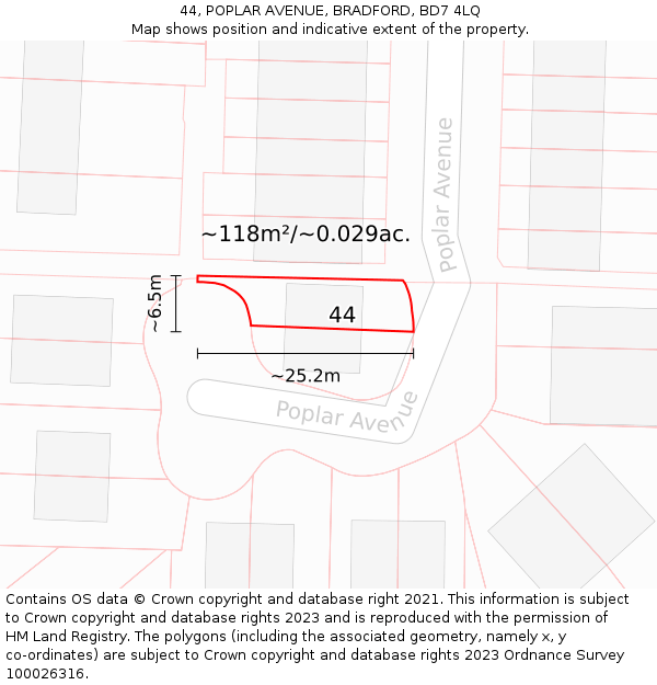 44, POPLAR AVENUE, BRADFORD, BD7 4LQ: Plot and title map