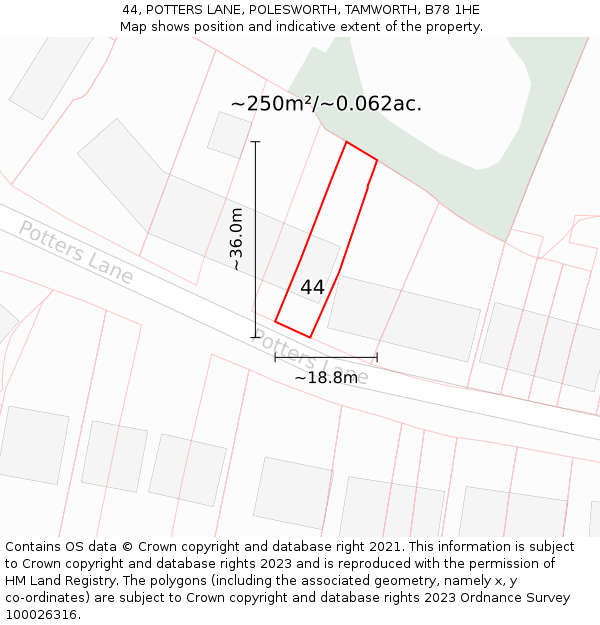 44, POTTERS LANE, POLESWORTH, TAMWORTH, B78 1HE: Plot and title map