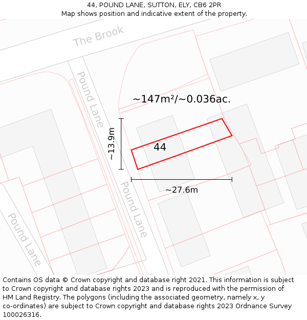 44, POUND LANE, SUTTON, ELY, CB6 2PR: Plot and title map