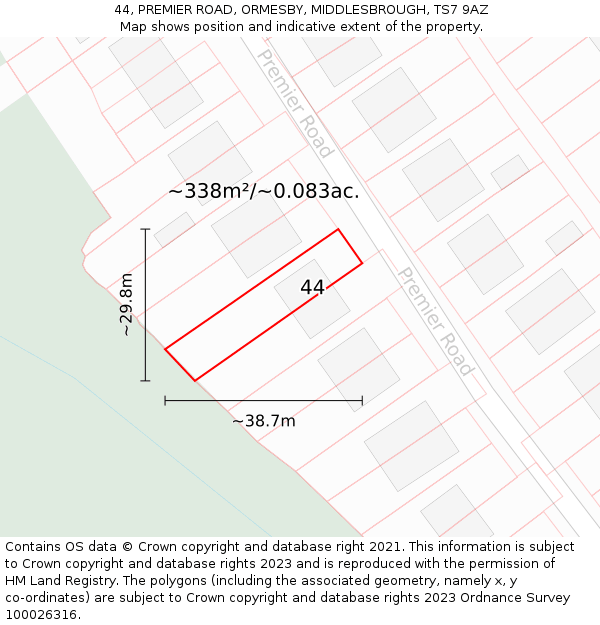 44, PREMIER ROAD, ORMESBY, MIDDLESBROUGH, TS7 9AZ: Plot and title map
