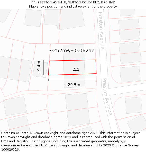 44, PRESTON AVENUE, SUTTON COLDFIELD, B76 1NZ: Plot and title map