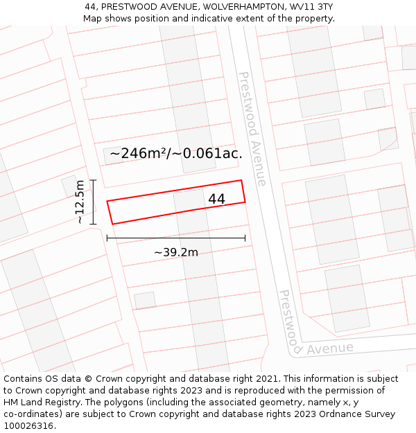 44, PRESTWOOD AVENUE, WOLVERHAMPTON, WV11 3TY: Plot and title map