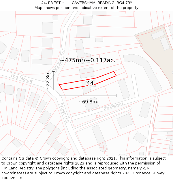 44, PRIEST HILL, CAVERSHAM, READING, RG4 7RY: Plot and title map