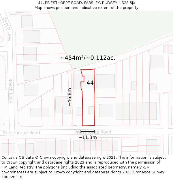 44, PRIESTHORPE ROAD, FARSLEY, PUDSEY, LS28 5JX: Plot and title map