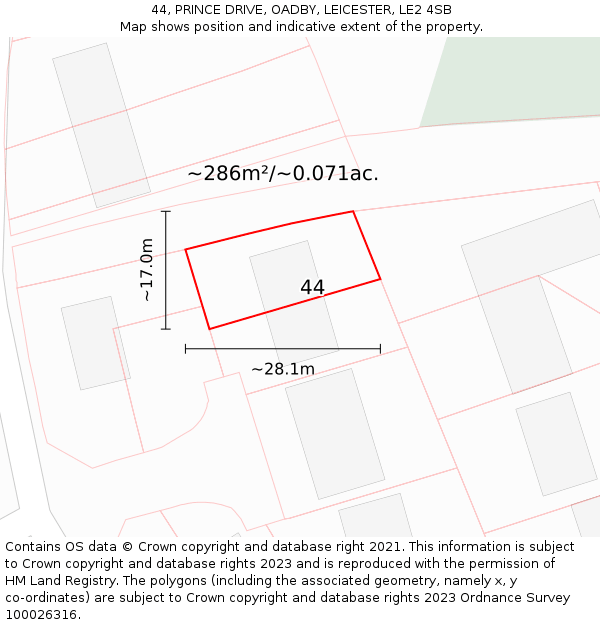 44, PRINCE DRIVE, OADBY, LEICESTER, LE2 4SB: Plot and title map