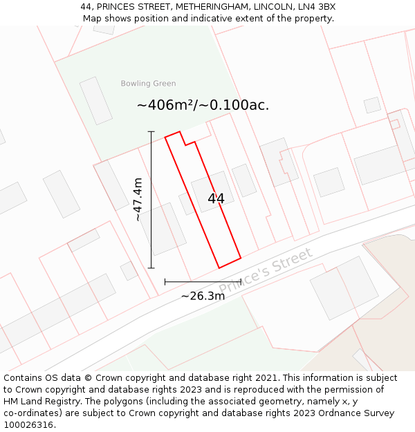 44, PRINCES STREET, METHERINGHAM, LINCOLN, LN4 3BX: Plot and title map