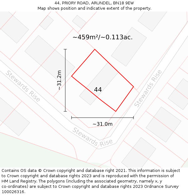 44, PRIORY ROAD, ARUNDEL, BN18 9EW: Plot and title map